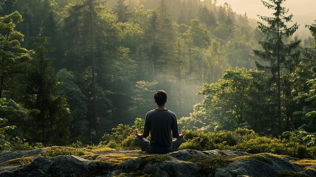 Man Practicing Mindfulness Meditation in Forest Scenic View