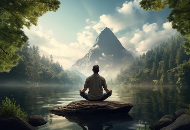 A man practicing mindfulness and meditation in a peaceful natural environment