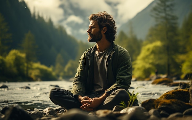 A man practicing mindfulness and meditation in a peaceful natural environment