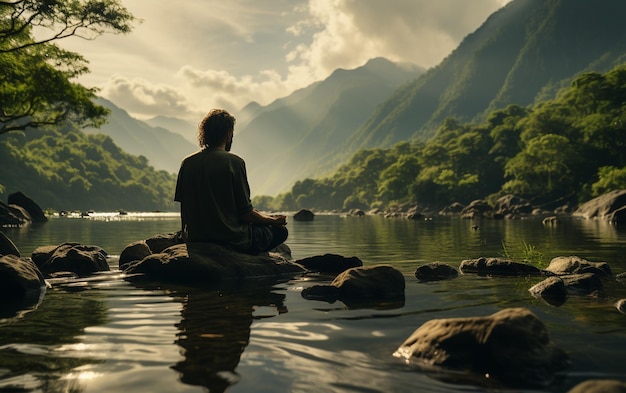 A man practicing mindfulness and meditation in a peaceful natural environment