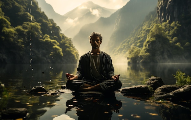 A man practicing mindfulness and meditation in a peaceful natural environment