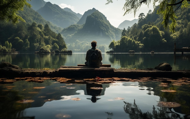 A man practicing mindfulness and meditation in a peaceful natural environment