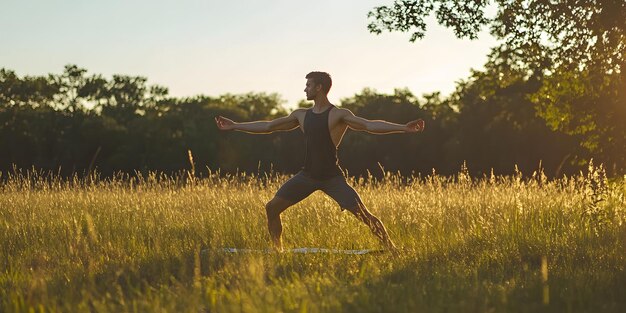 Photo man practicing yoga in serene natural setting