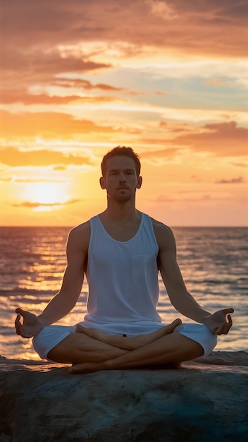 Man practicing yoga at sunset stock photo Young man relaxing by the sea at sunset