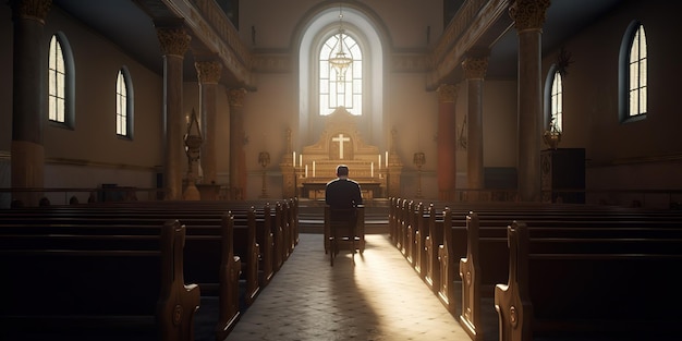 man prayer in church with detailed interior and with spotlight