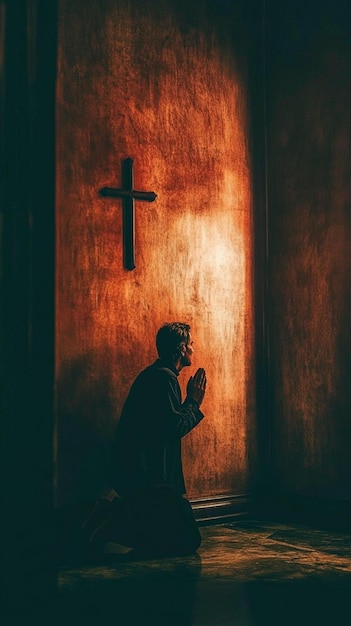 Man praying under cross in church seeking forgiveness for sins