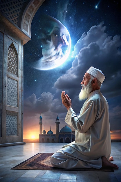 a man praying in front of a mosque with a moon and stars in the background