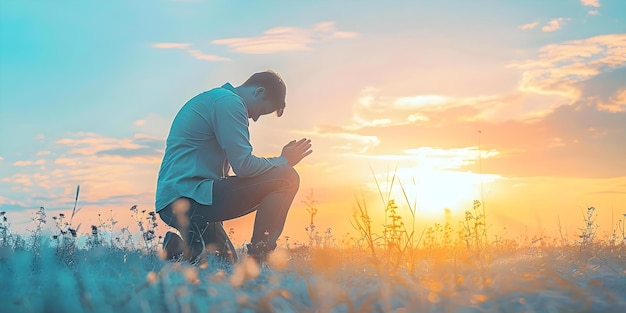 Photo man praying on his knees at sunset with a religious setting concept religious sunset prayer spirituality serene