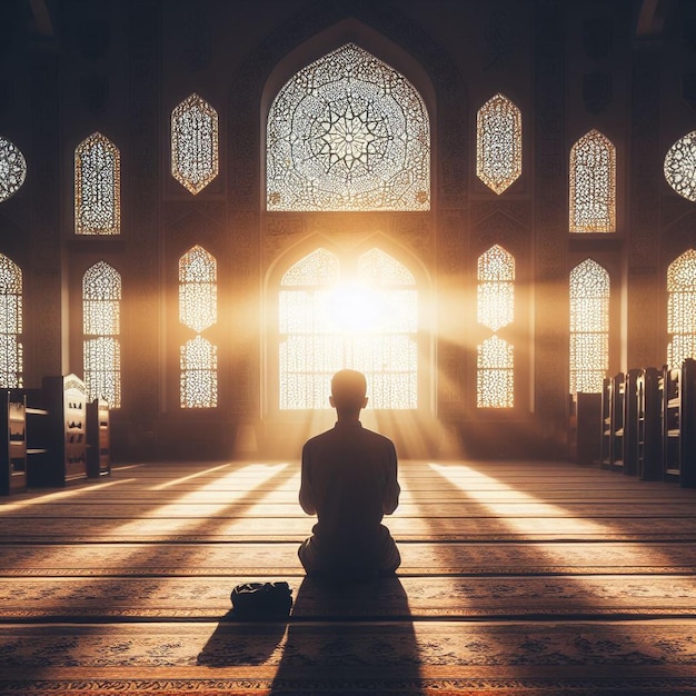 A man praying in a mosque with the sun shining through the window