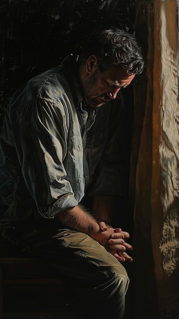 a man prays in a dark room with his hands folded