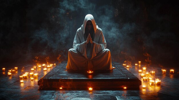 a man prays in front of a burning altar