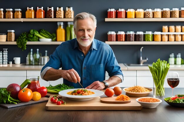 a man prepares food in a kitchen with a variety of food.