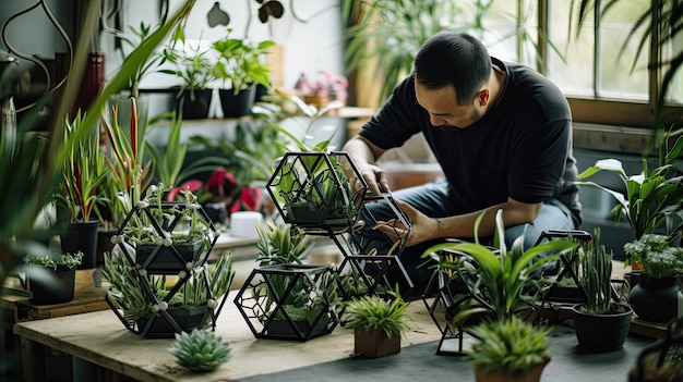 a man prepares a planter for planting in a greenhouse.