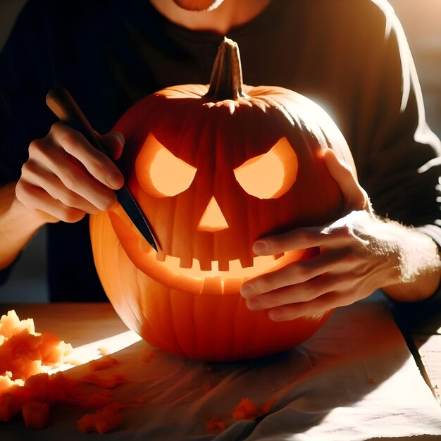 Photo man preparing to celebrate halloween day by carving up halloween pumpkin on table