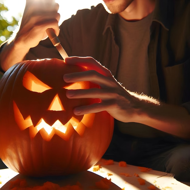 Photo man preparing to celebrate halloween day by carving up halloween pumpkin on table