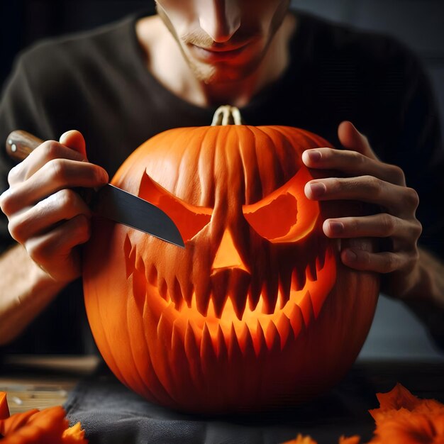 Photo man preparing to celebrate halloween day by carving up halloween pumpkin on table