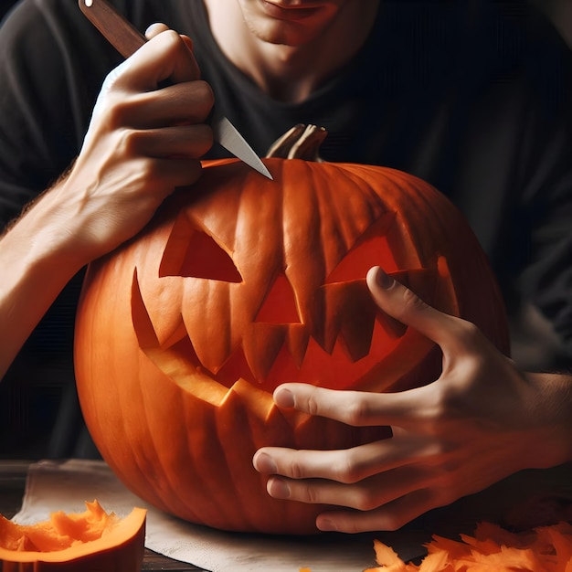 Photo man preparing to celebrate halloween day by carving up halloween pumpkin on table