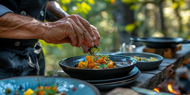 Man Preparing Food Outdoors