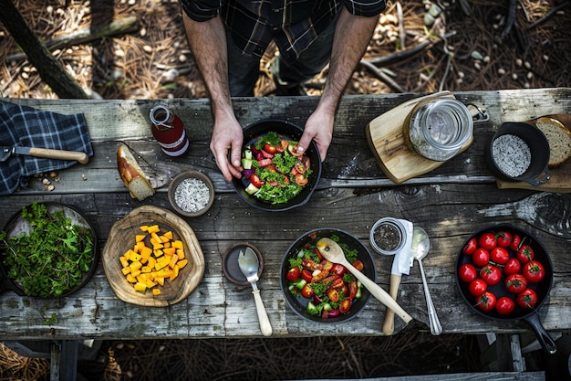 Photo man preparing salad with fresh vegetables on a wooden table