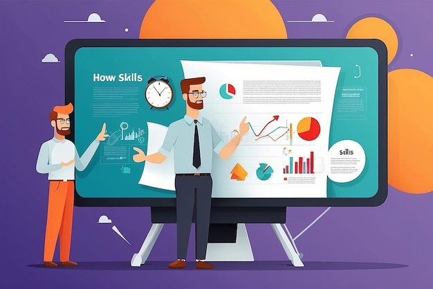 Man and presentation board with phrase how to improve your skills Flat design illustration Modern