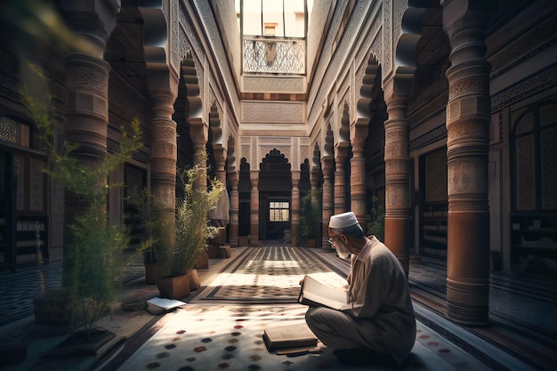 A man in a pristine white kandur stands in the mosque39s courtyard solemnly reading the Qur39an as part of his religious observance