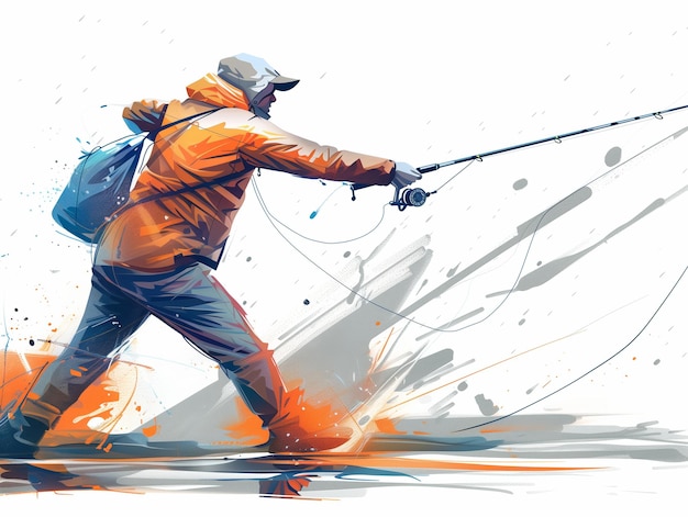 A man in professional gear uses a rod to dynamically catch a fish a blue color palette a lively