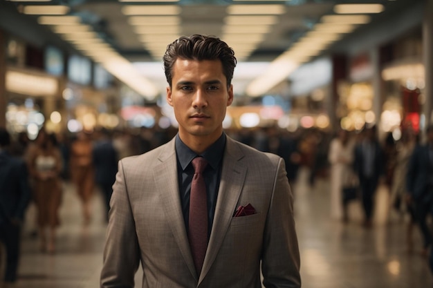 A man in a professional outfit stands in the middle of a crowded shopping center his eyes focused