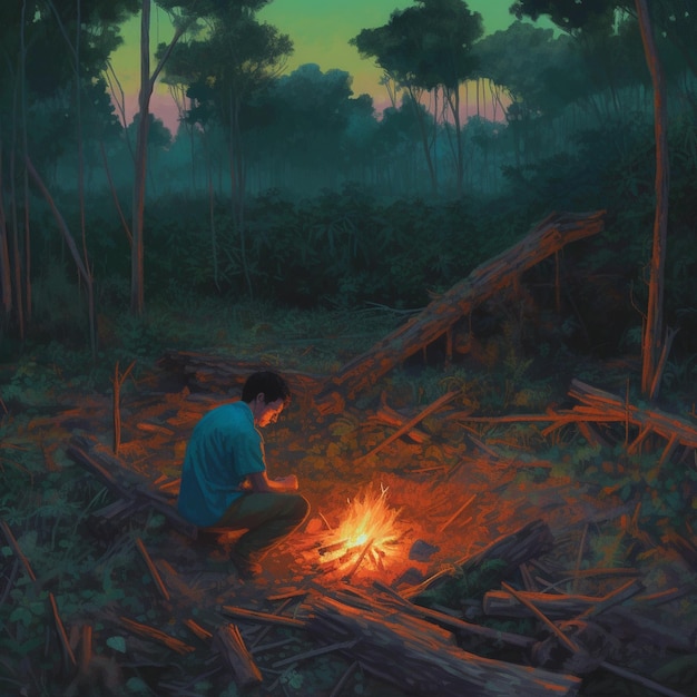 Man protect a bonfire in the jungle next to the campfire