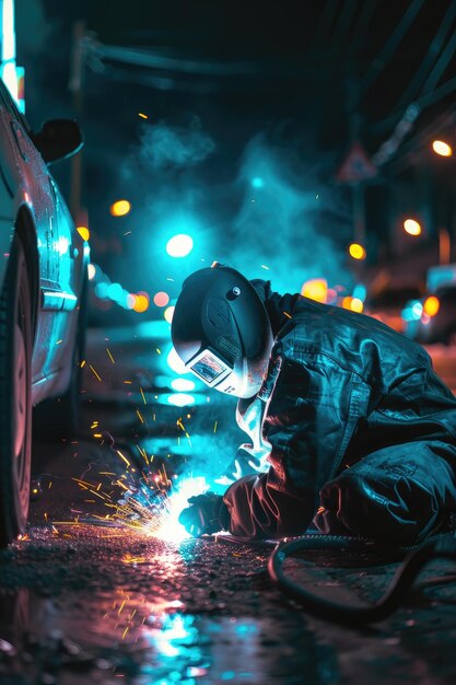 a man in protective clothing is welding a car