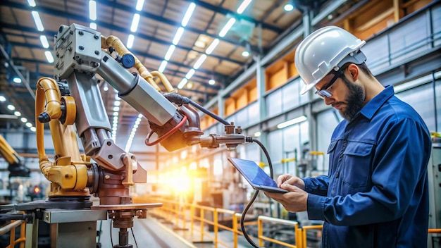 a man in a protective helmet is looking at a machine with a blue shirt on