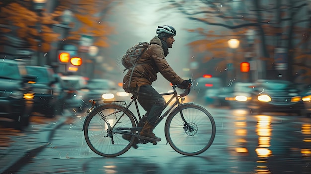 A man in a protective helmet rides a bicycle side view