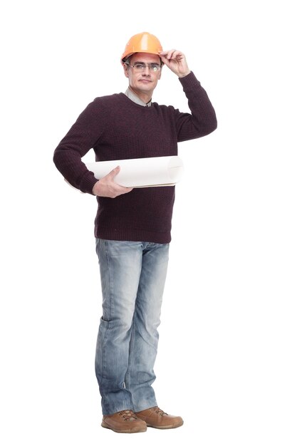 Man in a protective helmet with drawings of a new project