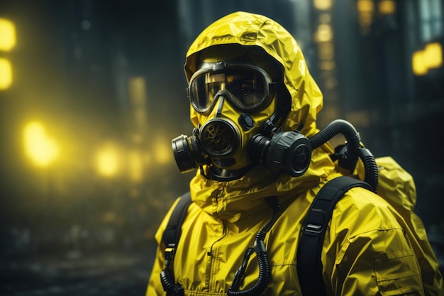 man in protective nuclear yellow suit with gas mask on city background ai generative