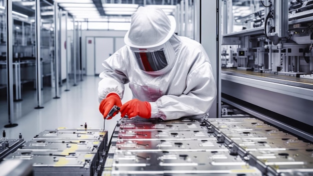 A man in a protective suit is working on a metal panel in a factory.