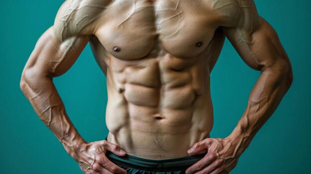 Photo a man proudly displays his toned abs with hands on hips