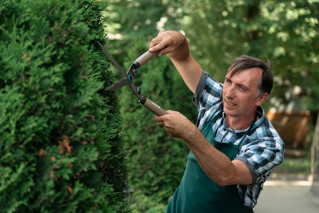 Photo man pruning tree with clippers male farmer cuts branches in spring garden with pruning shears or secateurs