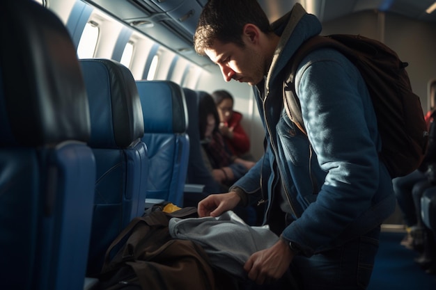 Photo man pulling out hand luggage from compartment while traveling by plane