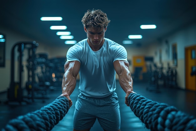 Man Pulling Rope in Gym