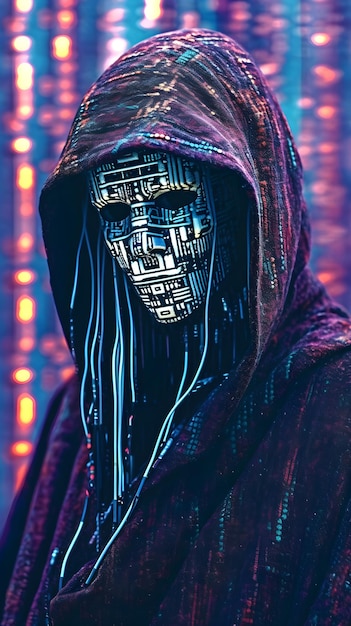 A man in a purple hoodie with the word cyberpunk on it.