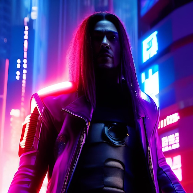 A man in a purple jacket stands in front of a neon sign that says'cyberpunk'on it