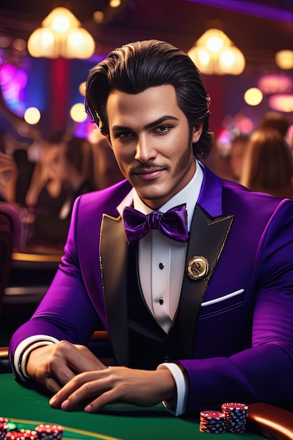 Photo a man in a purple suit with a purple bow tie.