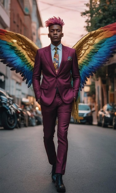 a man in a purple suit with wings on his back