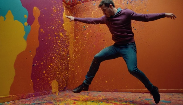 Photo a man in a purple sweater is dancing in front of a red background