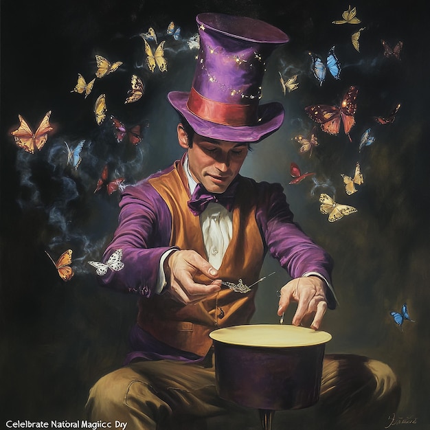 a man in a purple top hat is playing a drum with butterflies