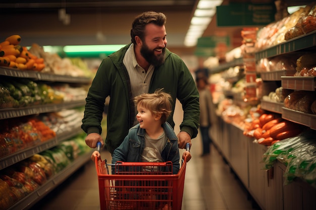 a man pushing a boy in a shopping cart with a man pushing him