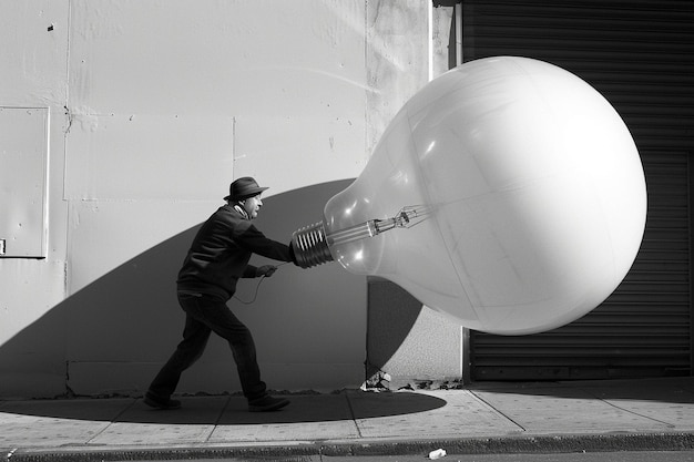 Photo man pushing huge lightbulb black and white street photography