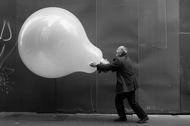 Photo man pushing huge lightbulb black and white street photography