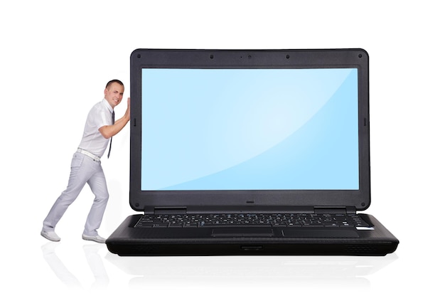 Man pushing laptop