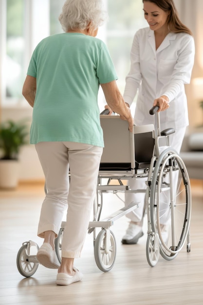 Photo a man pushing a wheelchair with a woman walking down the street