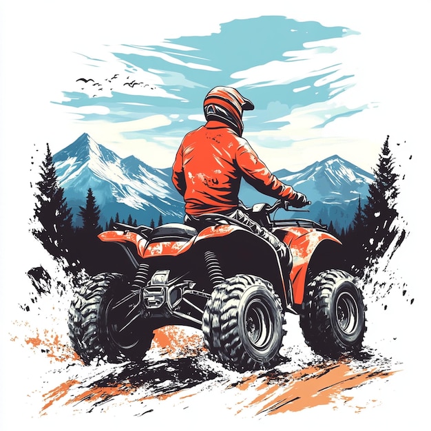 Man on quad bike Offroad driving racer Quad bike for racing in mountainous areas The ATV driver looked around Man takes part in ATV racing Man on quad bike in beautiful nature